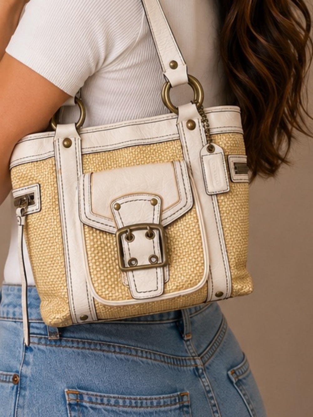 Coach Y2K Legacy Straw and Leather Tote Bag.